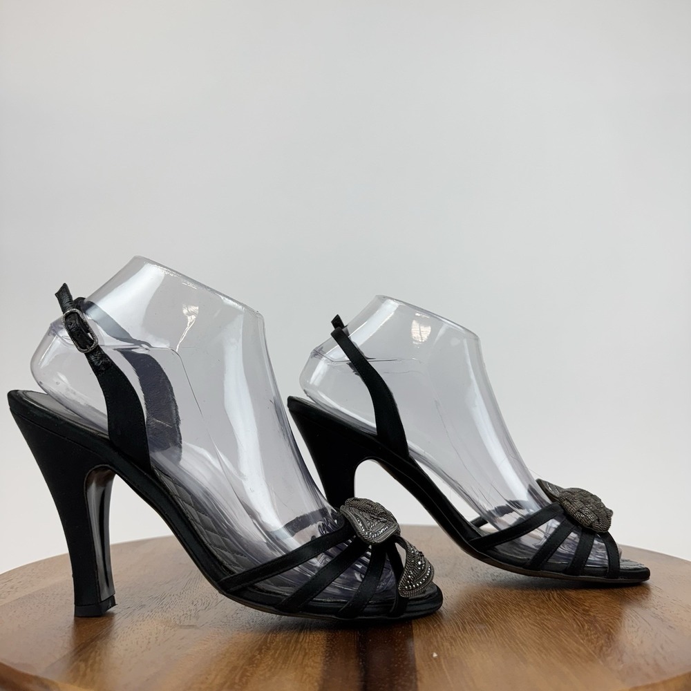 Womens Chanel Rare Vintage Camellia Black Satin Slingback Heels Sandals Size‎ 38